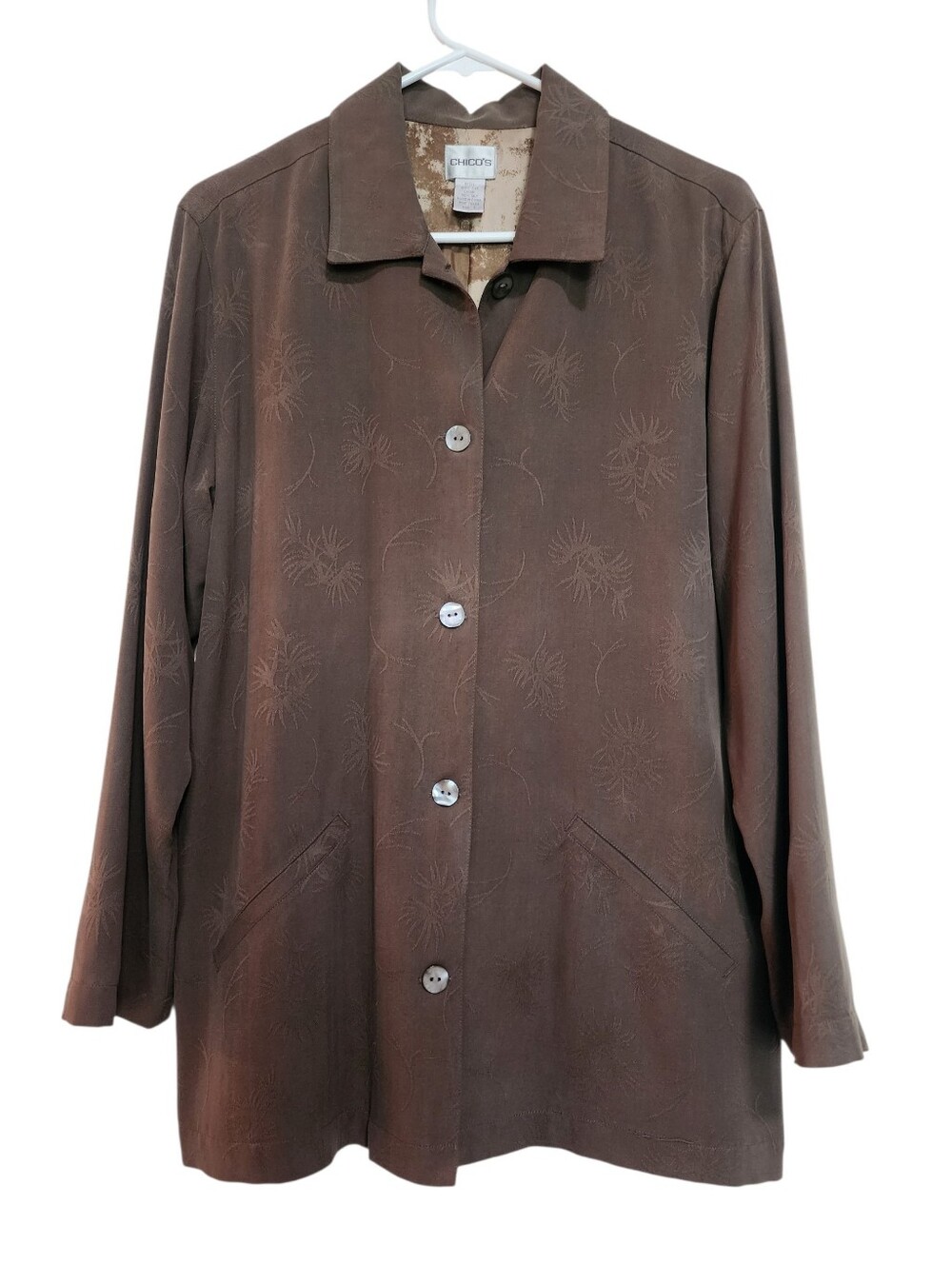 Chico's Chocolate Brown Silk Floral Jacquard Button Jacket SZ SM-Med
